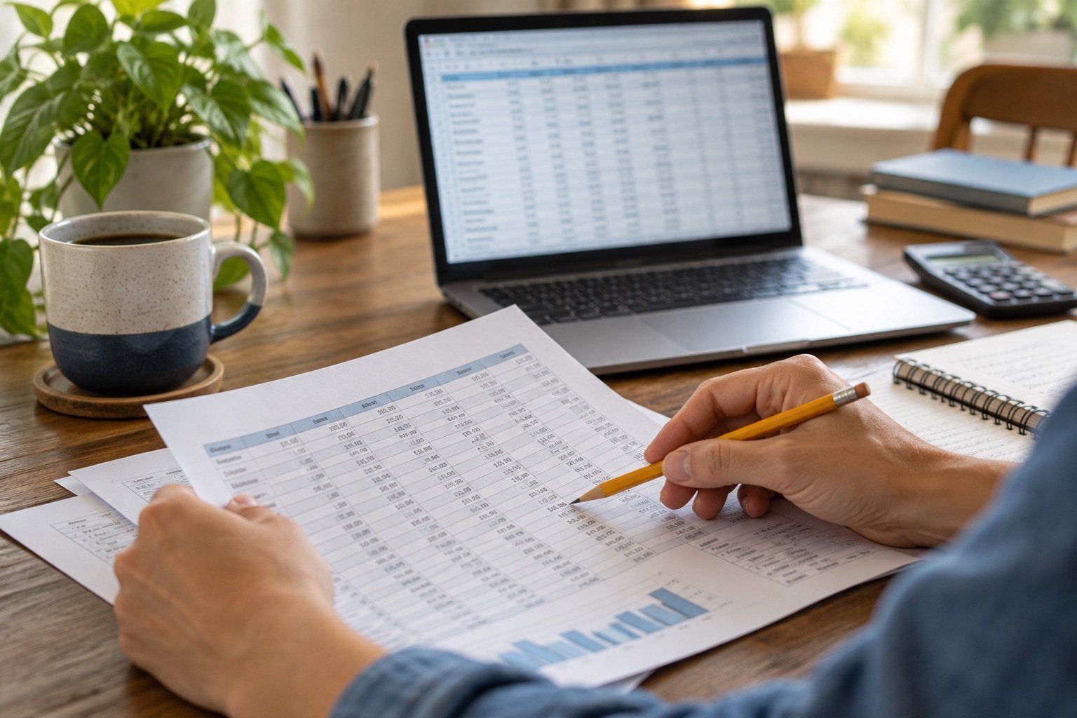 Hands reviewing a printed business list beside a laptop.