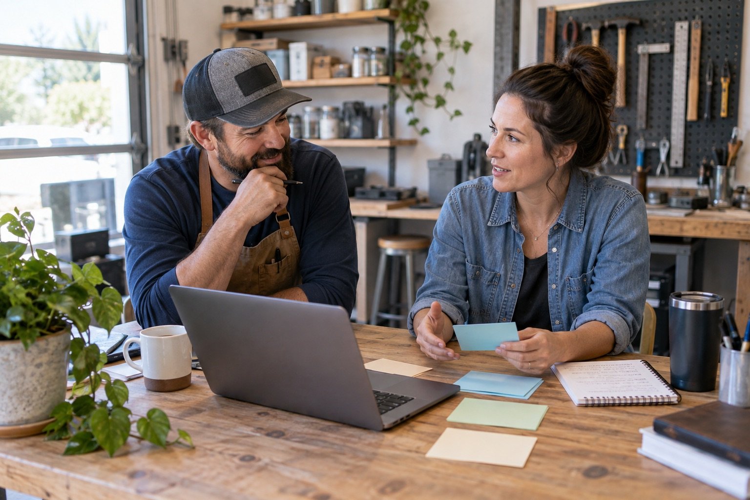 Two small business owners discussing customer growth at a workshop table.