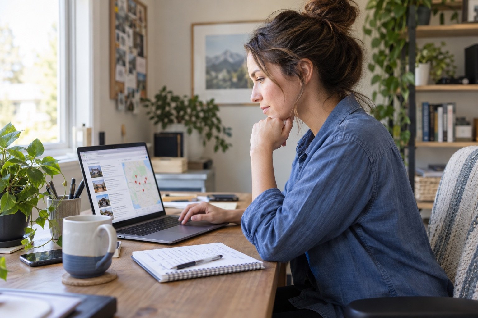 Small business owner researching potential customers at a home office desk.