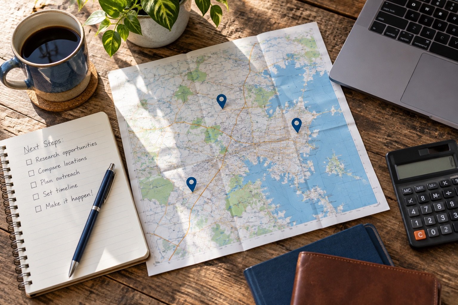 Regional map, location pins, notebook, and calculator on a market planning desk.